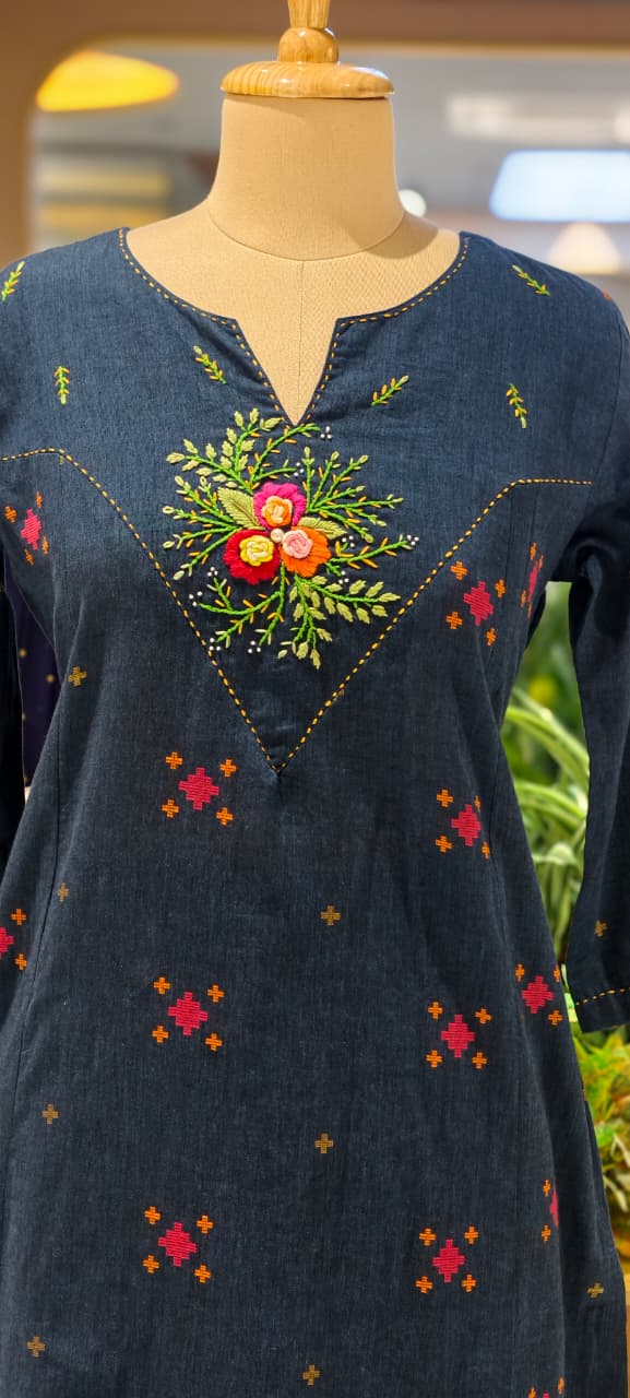 Handloom Cotton Handcrafted Floral Yoke, Subtle Motif Detailing Kurta With Straight Fit Pant- 14410 RB257