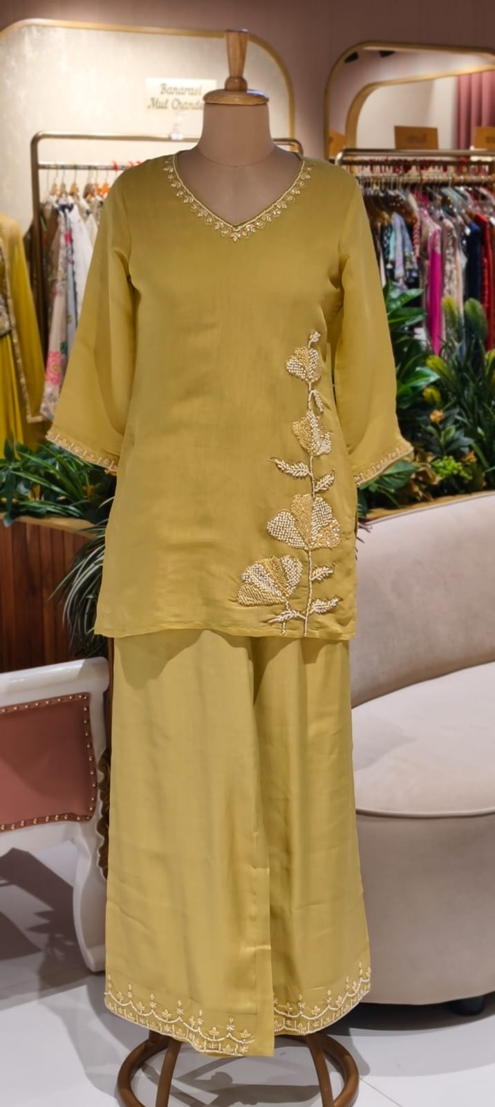 Butter Soft Lightweight Hand Embroidery Surat Mul Chanderi Kurta Pant Set- 14421 RB254