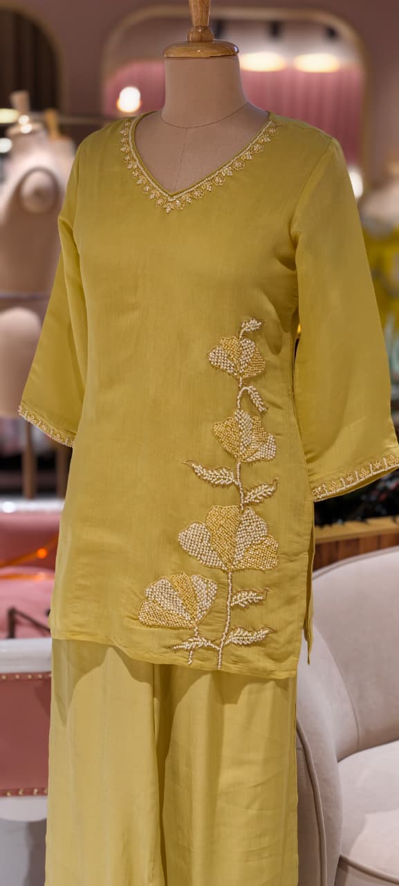 Butter Soft Lightweight Hand Embroidery Surat Mul Chanderi Kurta Pant Set- 14421 RB254