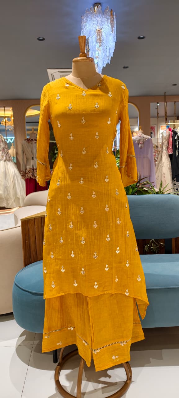 Pure Banarasi Mul Chanderi Golden Inticate Spread Work A-Line Kurta Pant Set- 14300