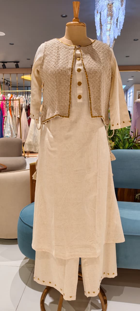 Golden Foil Highlight Jacket Style Solid Straight Kurta Pant Set In Cotton Fabric- 14194