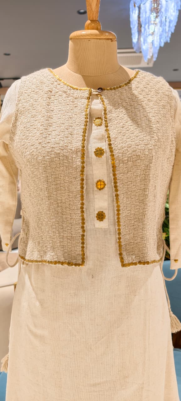 Golden Foil Highlight Jacket Style Solid Straight Kurta Pant Set In Cotton Fabric- 14194