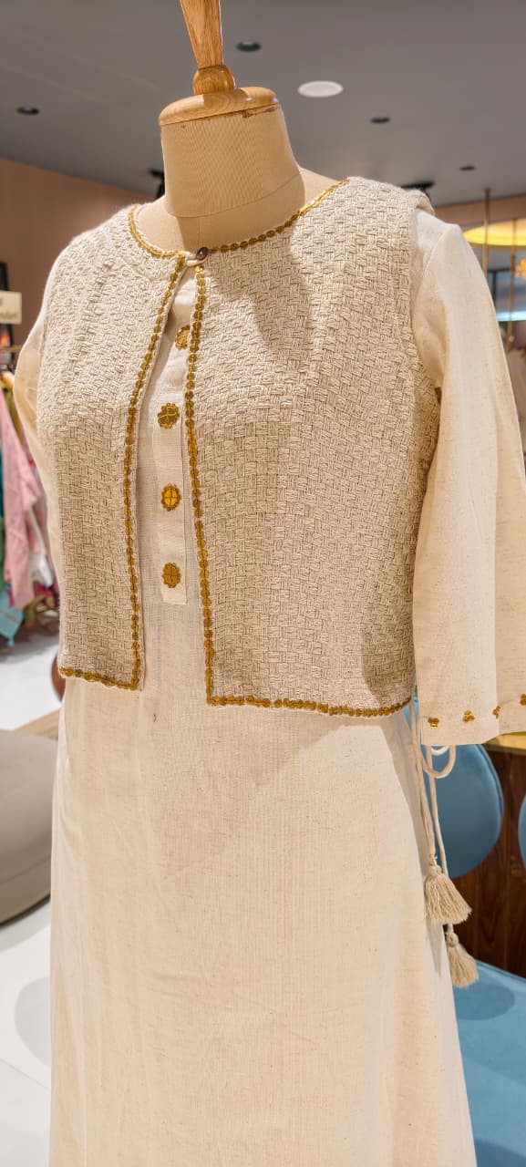 Golden Foil Highlight Jacket Style Solid Straight Kurta Pant Set In Cotton Fabric- 14194