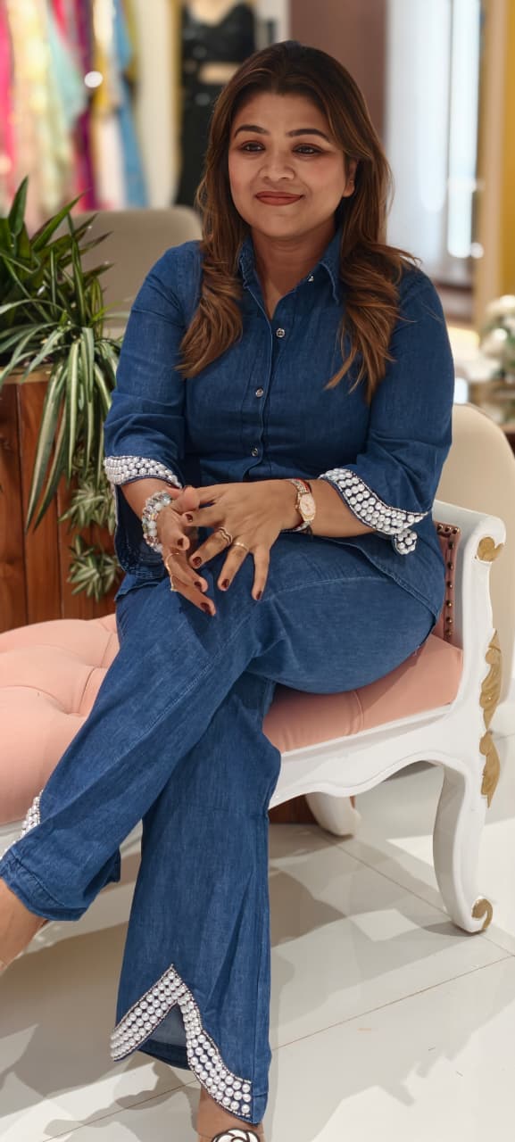 Classic Denim Casual Wear Co-Ord Set with Pearl Detailing-(Lean Fit) 14463