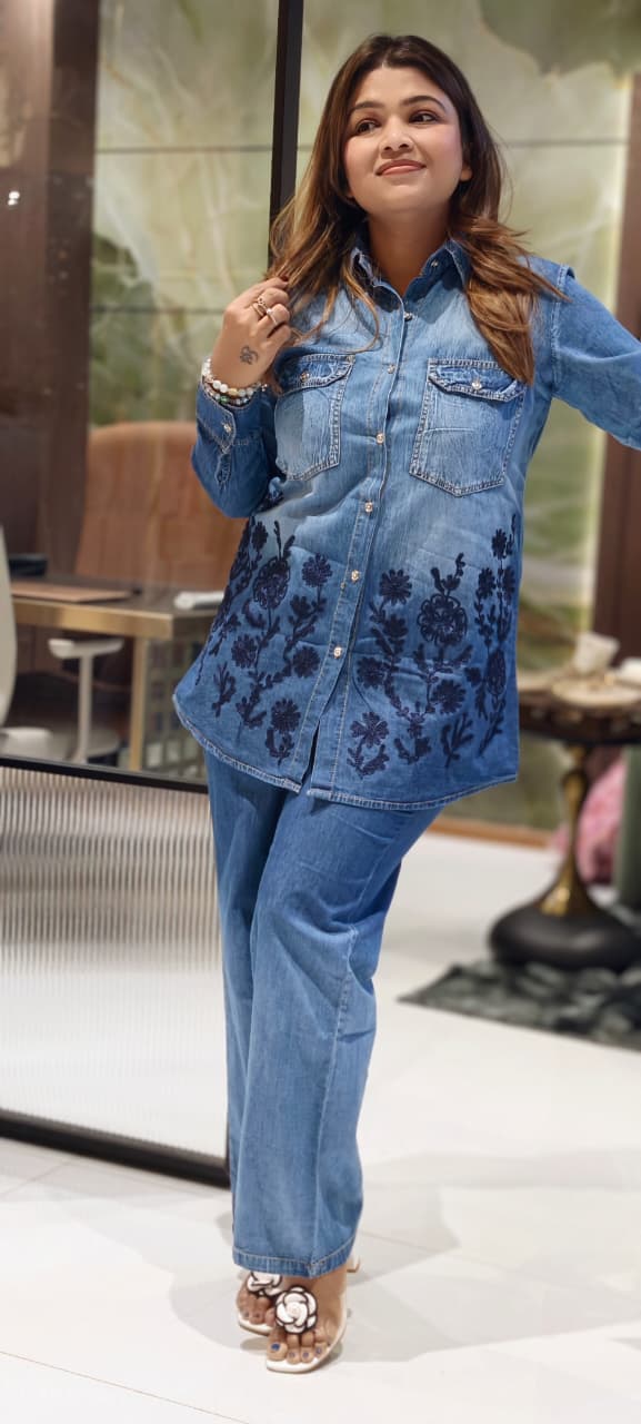 Unique Contemporary Look Floral Ombre Denim Embroidered Co-Ord Set- 14464