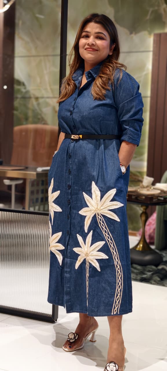 Chic Palm Embroidery Denim Longline Denim Shirt Dress- 14465 Loose Fit