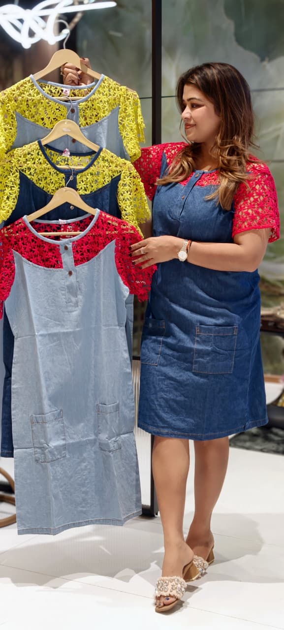 Denim Shift Dress with Floral Lace Sleeves & Dual Pockets- 14469