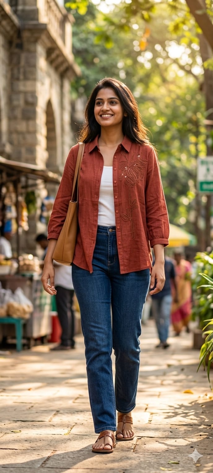 Rust Radiance Hand-Embroidered Floral Motif Textured Imported Shirt- 14427