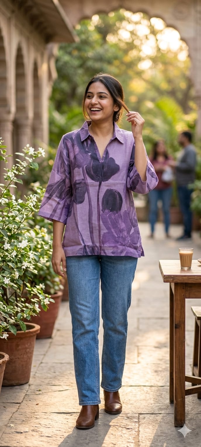 Mauve Orchid Abstract Natural Texture Floral Imported Fabric Tunic- 14430
