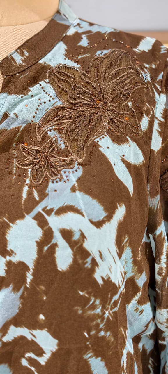 Crafted Botanical Muse Embroidered Neck Marble Print Imported Tunic- 14435,44