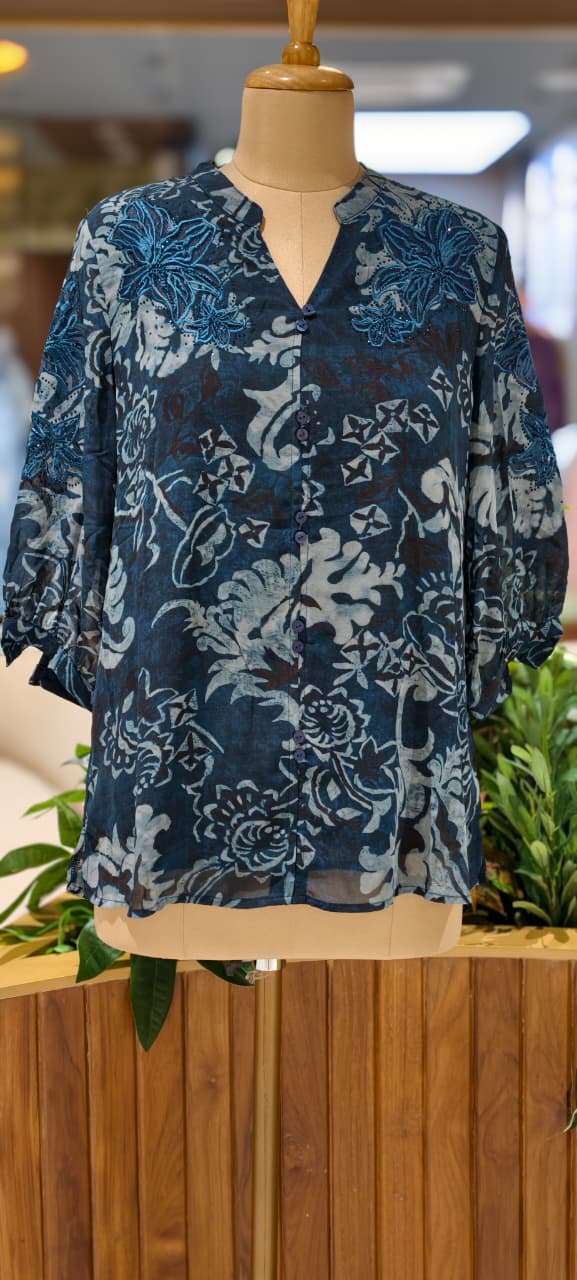 Crafted Botanical Muse Embroidered Neck Marble Print Imported Tunic- 14435,44