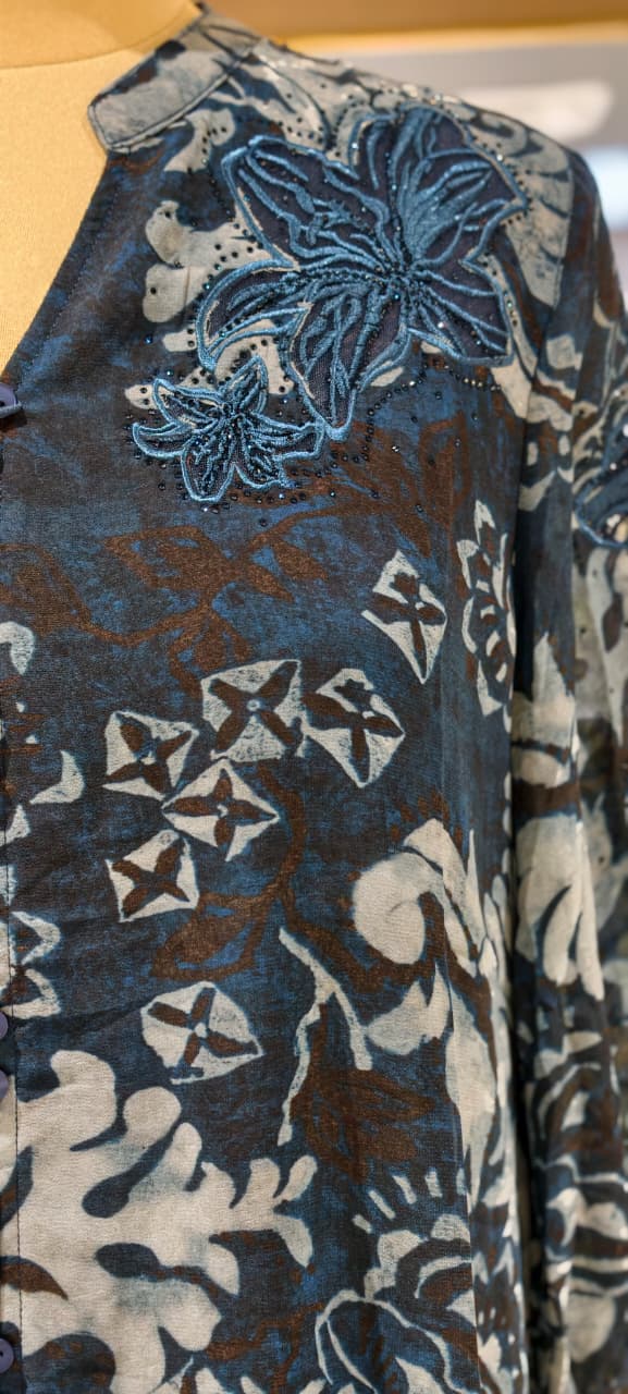 Crafted Botanical Muse Embroidered Neck Marble Print Imported Tunic- 14435,44