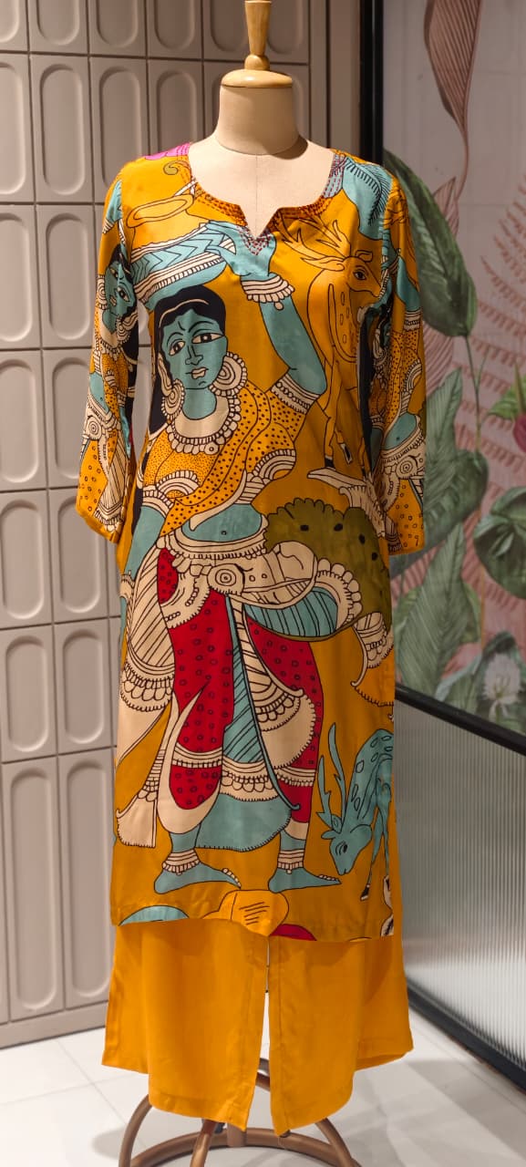Folk-Art Kalamkari Muse Digital Printed Narrative Muslin Kurta Pant Set- 14437 RB288