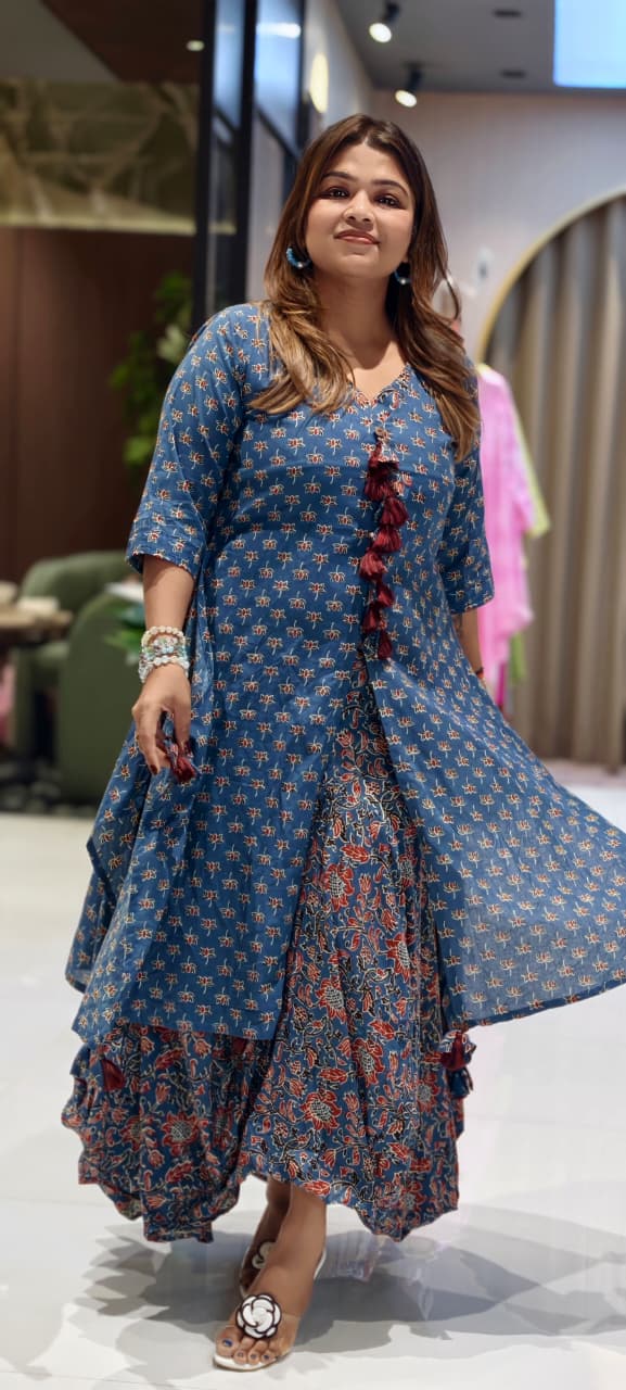 Indigo Tassel-Drop Asymmetric Layered Cowl Style Cotton Indo Western Wear Gown-14440