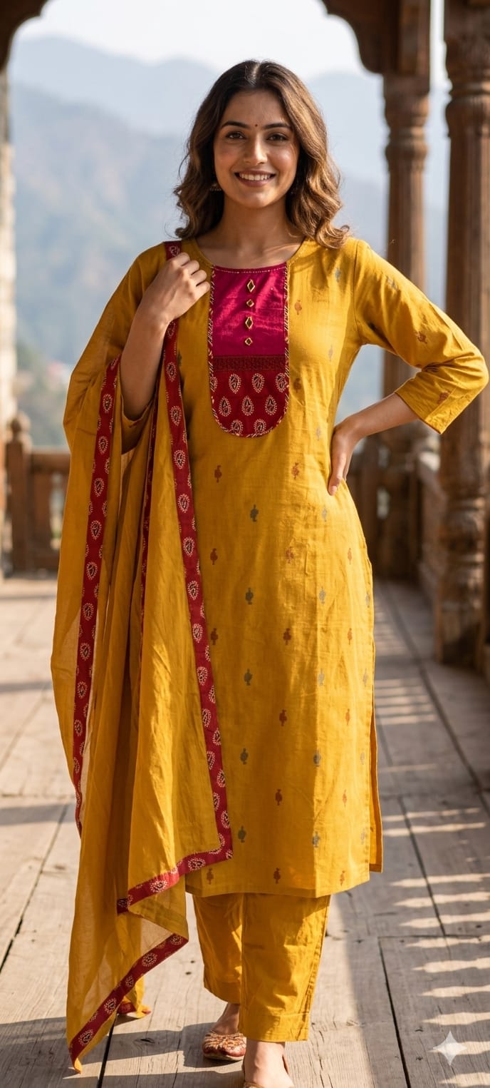 Ethnic Abstract Print U-Yoke Multicolor Cotton Full Suit Set With Printed Dupatta(Lean Fit)- 14355 RB327