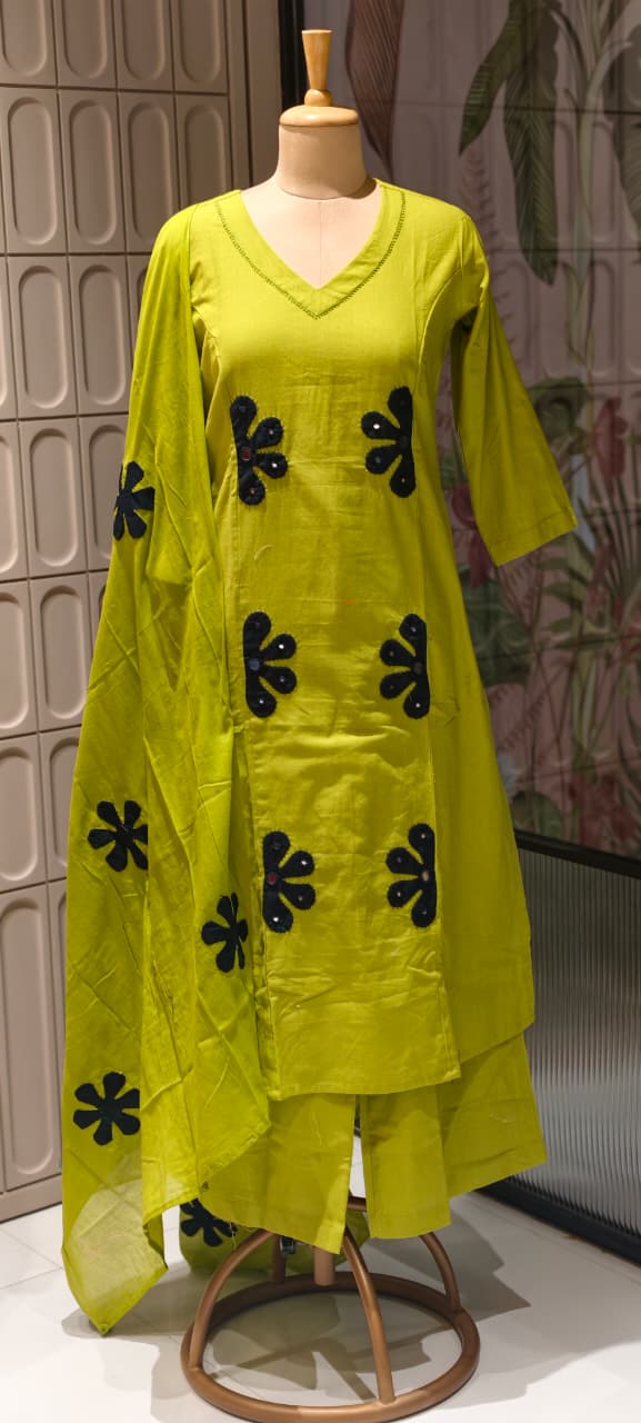 Half Phased Flower Patch Cotton A-Line Full Suit Set With Dupatta- 14415 RB326