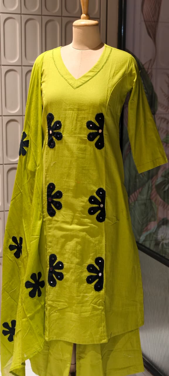 Half Phased Flower Patch Cotton A-Line Full Suit Set With Dupatta- 14415 RB326