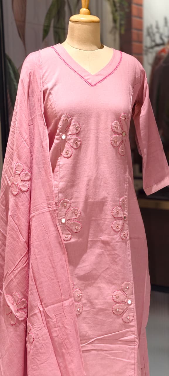Half Phased Flower Patch Cotton A-Line Full Suit Set With Dupatta- 14415 RB326