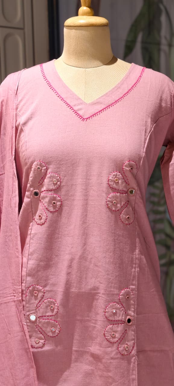 Half Phased Flower Patch Cotton A-Line Full Suit Set With Dupatta- 14415 RB326
