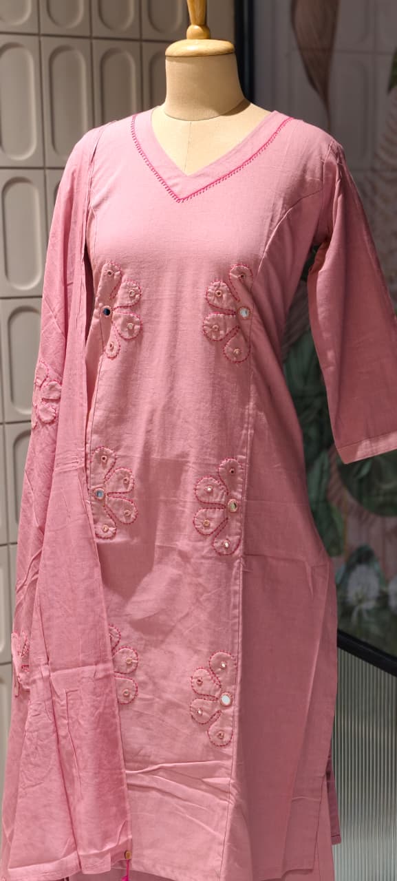 Half Phased Flower Patch Cotton A-Line Full Suit Set With Dupatta- 14415 RB326