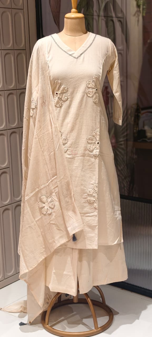 Half Phased Flower Patch Cotton A-Line Full Suit Set With Dupatta- 14415 RB326