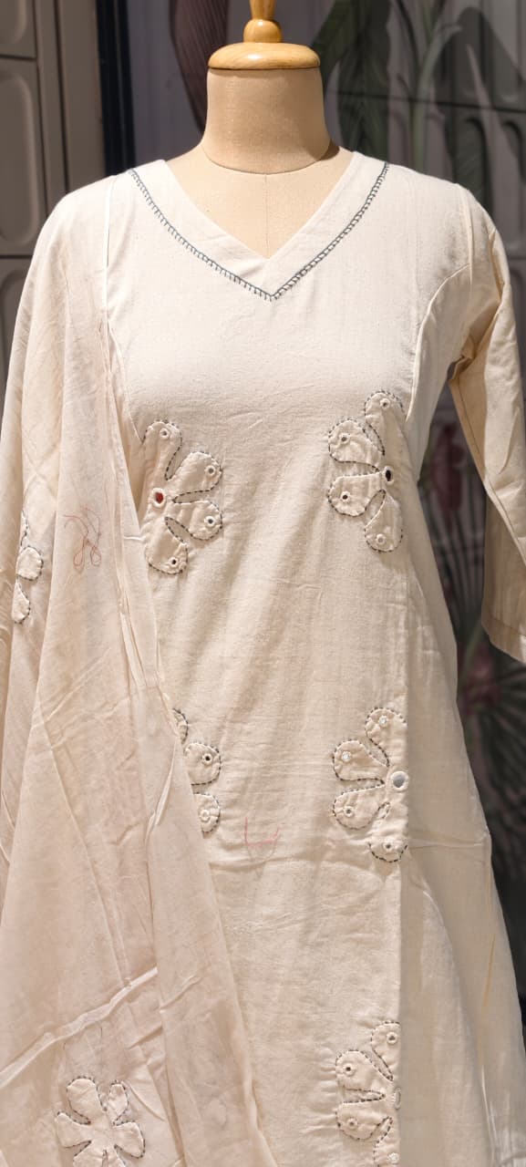 Half Phased Flower Patch Cotton A-Line Full Suit Set With Dupatta- 14415 RB326