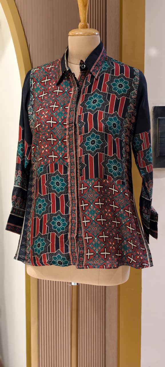 Desert Rose Geometric Ajrakh Aesthetic Casual Muslin Shirt-14477  RB308