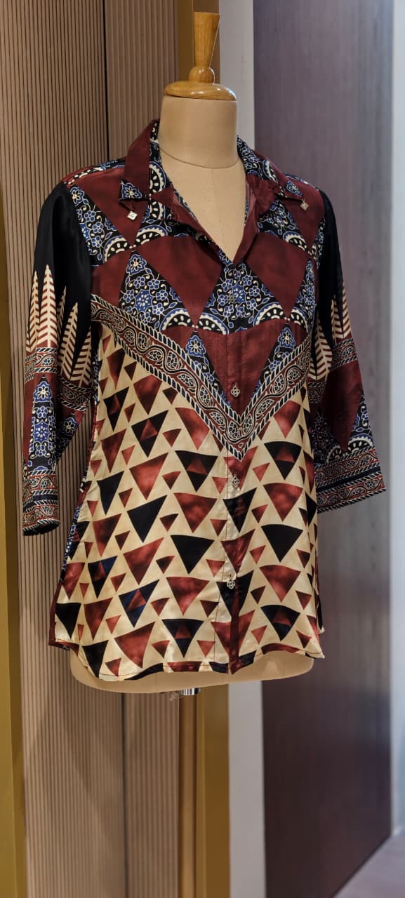 Teal Mandala Geometric Upside Down Printed Crepe Shirt-14479 RB305