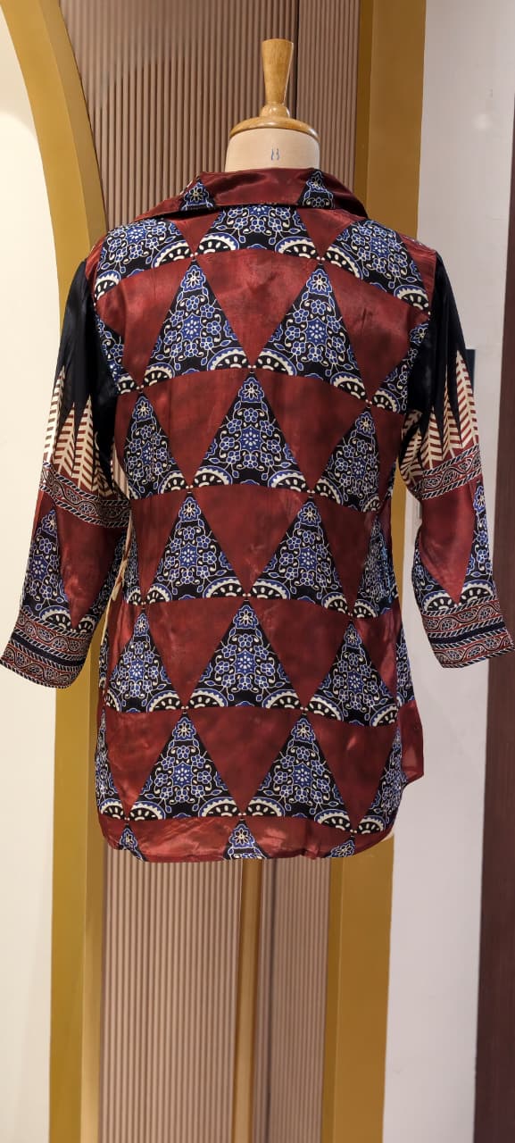 Teal Mandala Geometric Upside Down Printed Crepe Shirt-14479 RB305