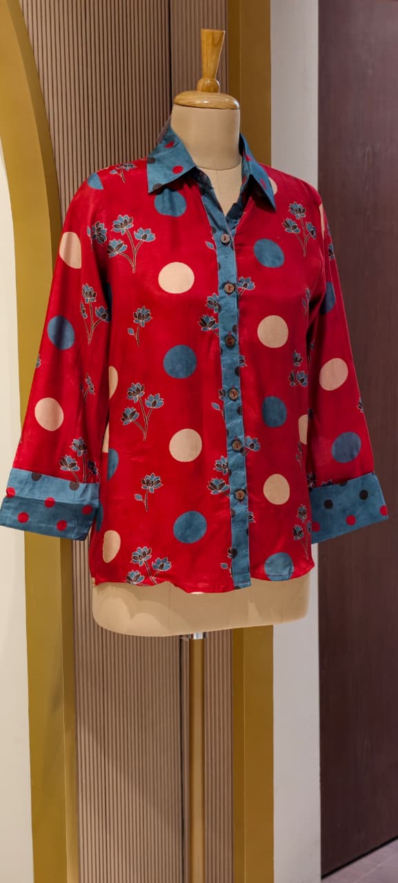 Smooth Blended Floral Polka Dotted Modal Muslin Casual Fusion Shirt (Slightly Loose Fit)-14484  RB304