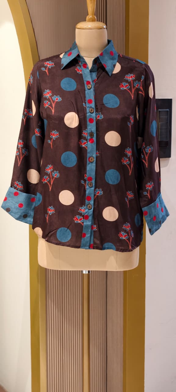 Smooth Blended Floral Polka Dotted Modal Muslin Casual Fusion Shirt (Slightly Loose Fit)-14484  RB304