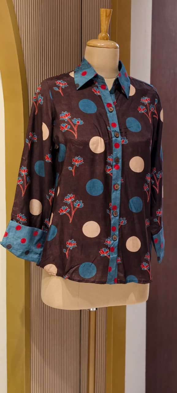 Smooth Blended Floral Polka Dotted Modal Muslin Casual Fusion Shirt (Slightly Loose Fit)-14484  RB304
