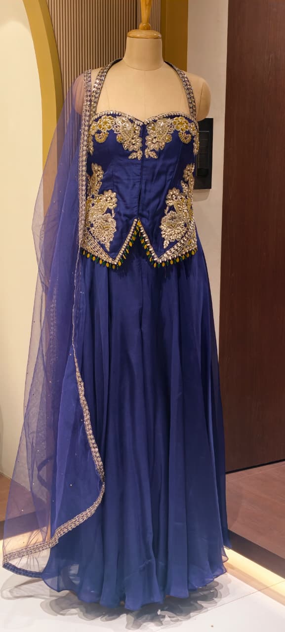 Royal Indigo Hand-Embellished Regal Statement Stunning Scalloped Bodic