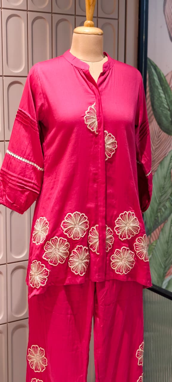 Gulabi Blush Half Phase Floral Embroidered Solid Mul-Cotton Co-Ord Set- 14495 RB285