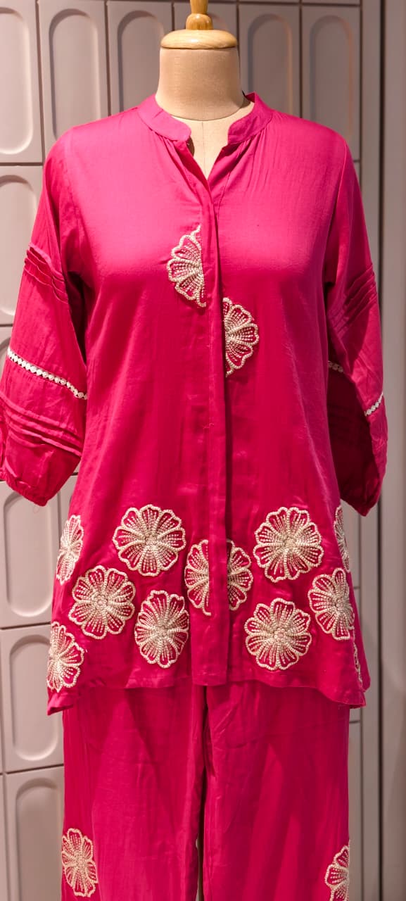 Gulabi Blush Half Phase Floral Embroidered Solid Mul-Cotton Co-Ord Set- 14495 RB285