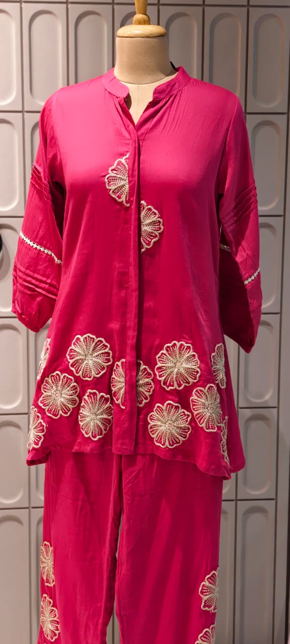 Gulabi Blush Half Phase Floral Embroidered Solid Mul-Cotton Co-Ord Set- 14495 RB285