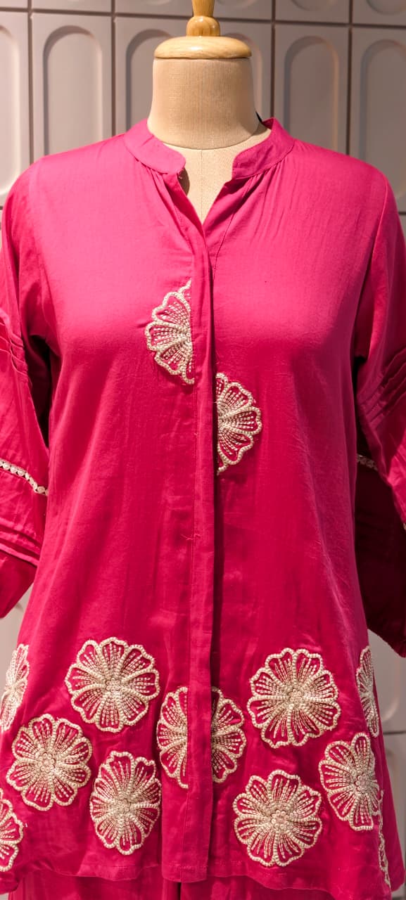 Gulabi Blush Half Phase Floral Embroidered Solid Mul-Cotton Co-Ord Set- 14495 RB285