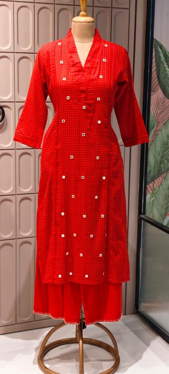 Tiny Polka Dots With Real Mirror Scattered Placement Work A-Line Cotton Kurta Pant Set- 14414  RB291