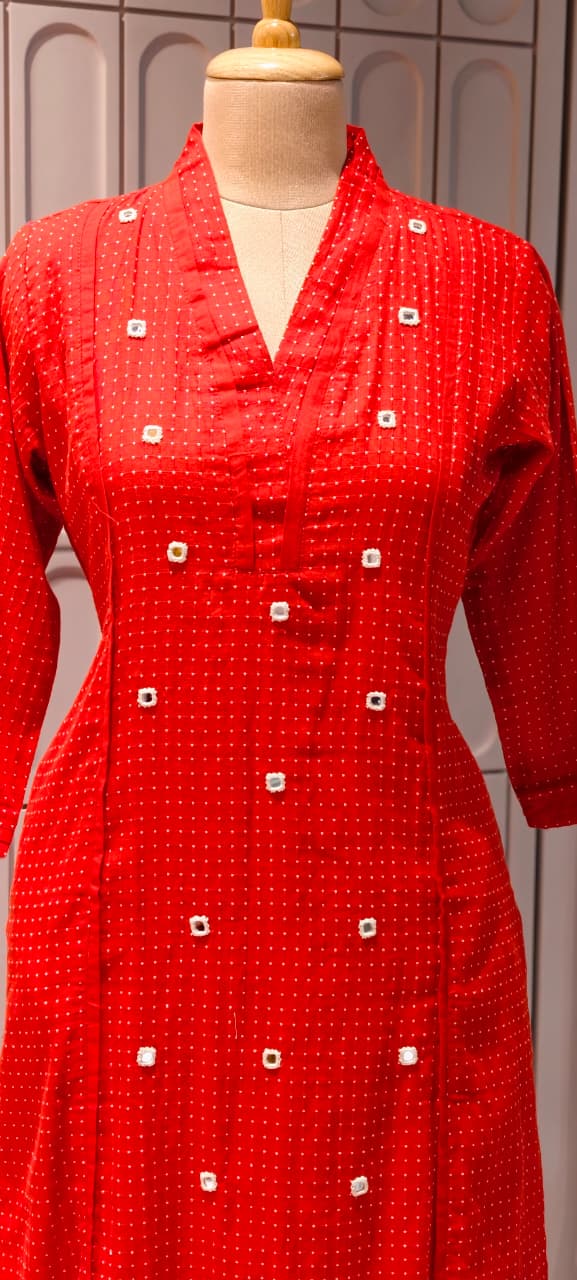 Tiny Polka Dots With Real Mirror Scattered Placement Work A-Line Cotton Kurta Pant Set- 14414  RB291