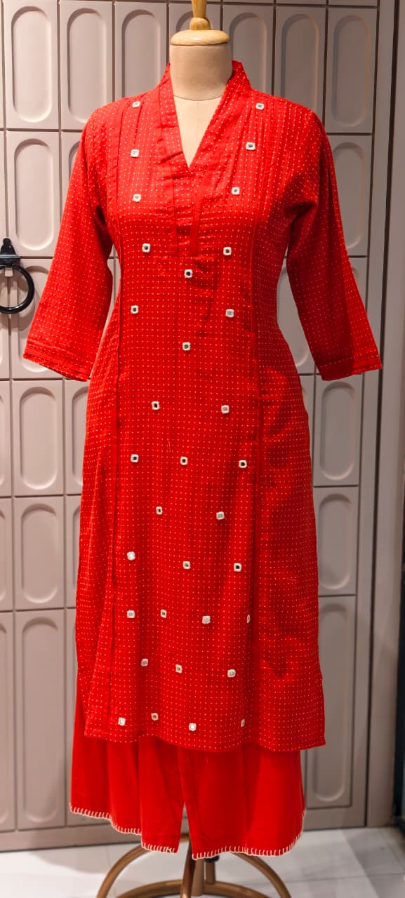 Tiny Polka Dots With Real Mirror Scattered Placement Work A-Line Cotton Kurta Pant Set- 14414  RB291
