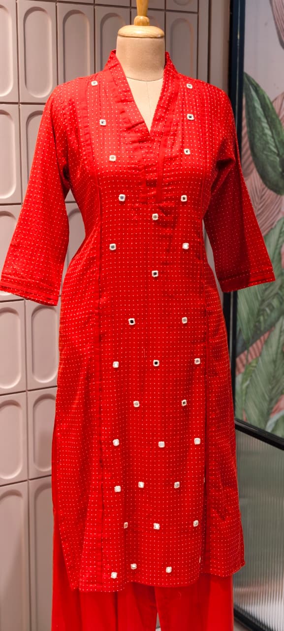 Tiny Polka Dots With Real Mirror Scattered Placement Work A-Line Cotton Kurta Pant Set- 14414  RB291