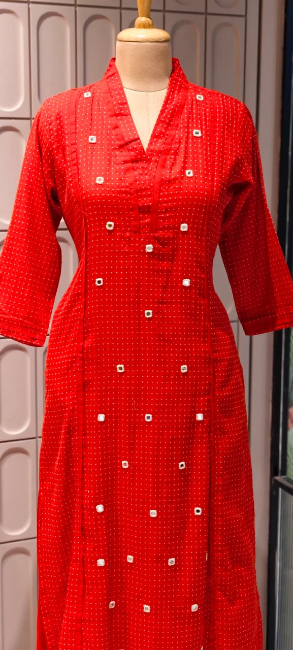 Tiny Polka Dots With Real Mirror Scattered Placement Work A-Line Cotton Kurta Pant Set- 14414  RB291