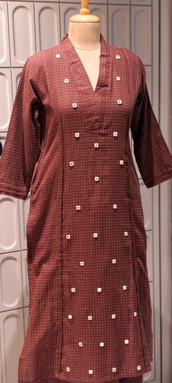 Tiny Polka Dots With Real Mirror Scattered Placement Work A-Line Cotton Kurta Pant Set- 14414  RB291