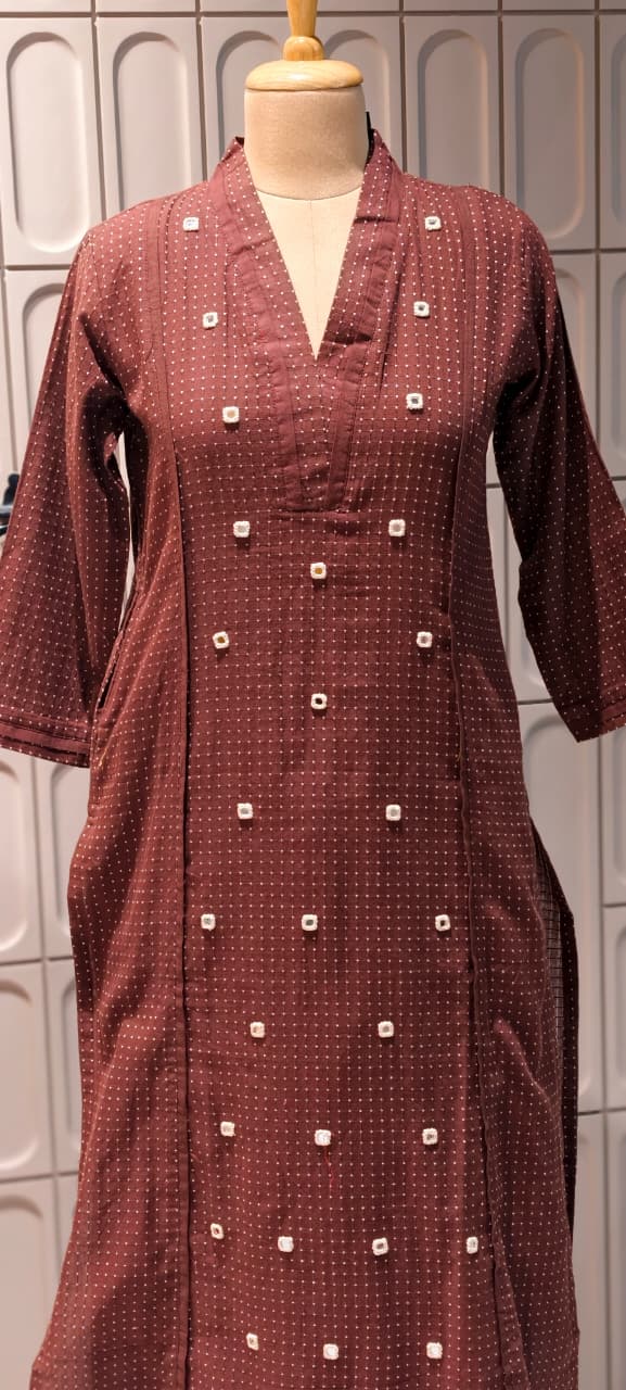 Tiny Polka Dots With Real Mirror Scattered Placement Work A-Line Cotton Kurta Pant Set- 14414  RB291