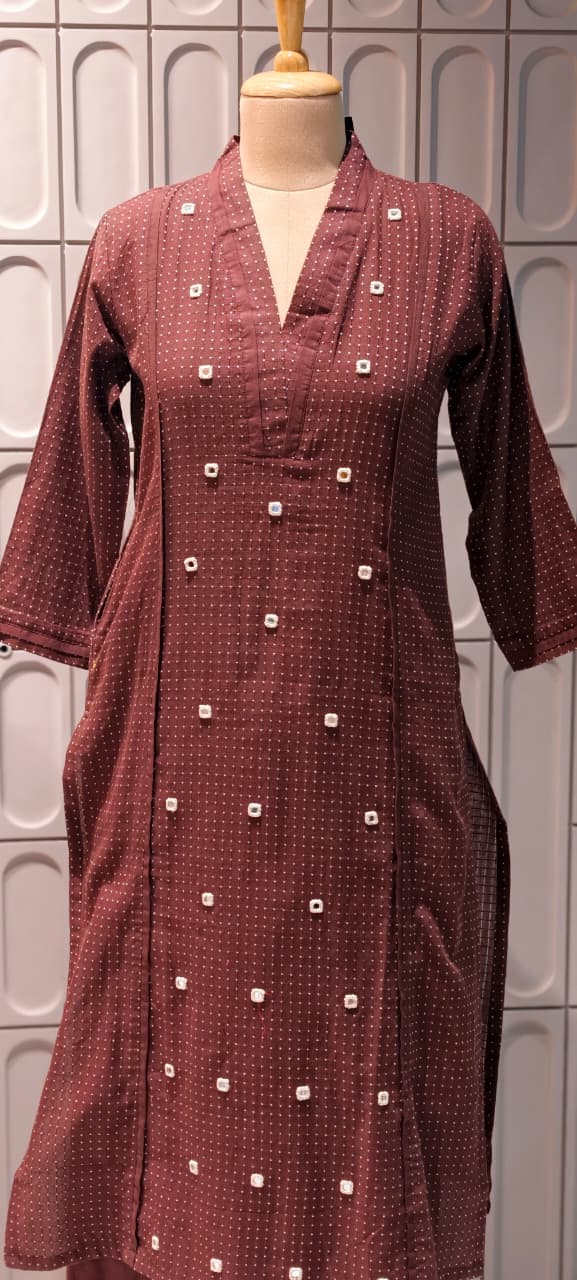 Tiny Polka Dots With Real Mirror Scattered Placement Work A-Line Cotton Kurta Pant Set- 14414  RB291