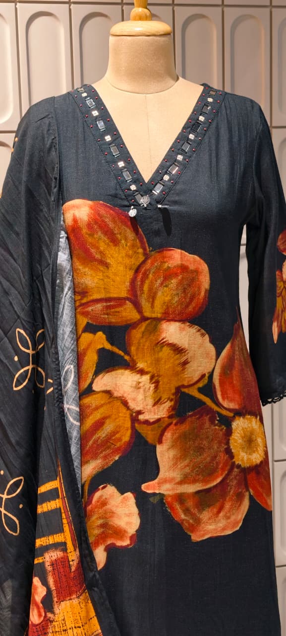 Giant Petal Print Real Mirror Neck Line Coin Tassel Accent Linen Full Suit Set With Dupatta- 14443  RB292