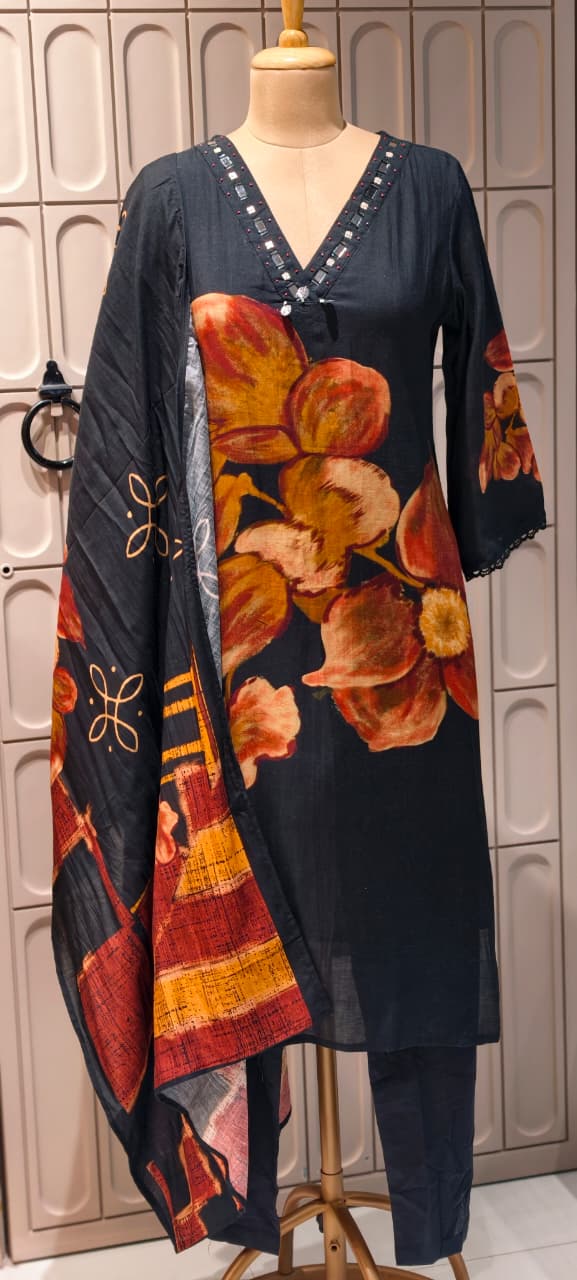 Giant Petal Print Real Mirror Neck Line Coin Tassel Accent Linen Full Suit Set With Dupatta- 14443  RB292