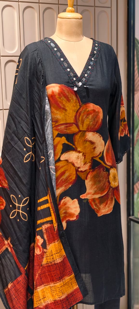 Giant Petal Print Real Mirror Neck Line Coin Tassel Accent Linen Full Suit Set With Dupatta- 14443  RB292