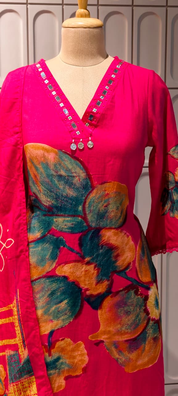 Giant Petal Print Real Mirror Neck Line Coin Tassel Accent Linen Full Suit Set With Dupatta- 14443  RB292