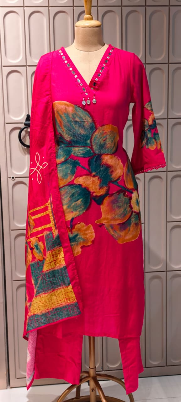 Giant Petal Print Real Mirror Neck Line Coin Tassel Accent Linen Full Suit Set With Dupatta- 14443  RB292